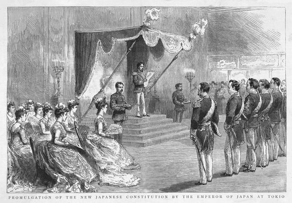 Historical engraving of the Emperor of Japan reading the new constitution to officials and women in a formal hall at Tokyo