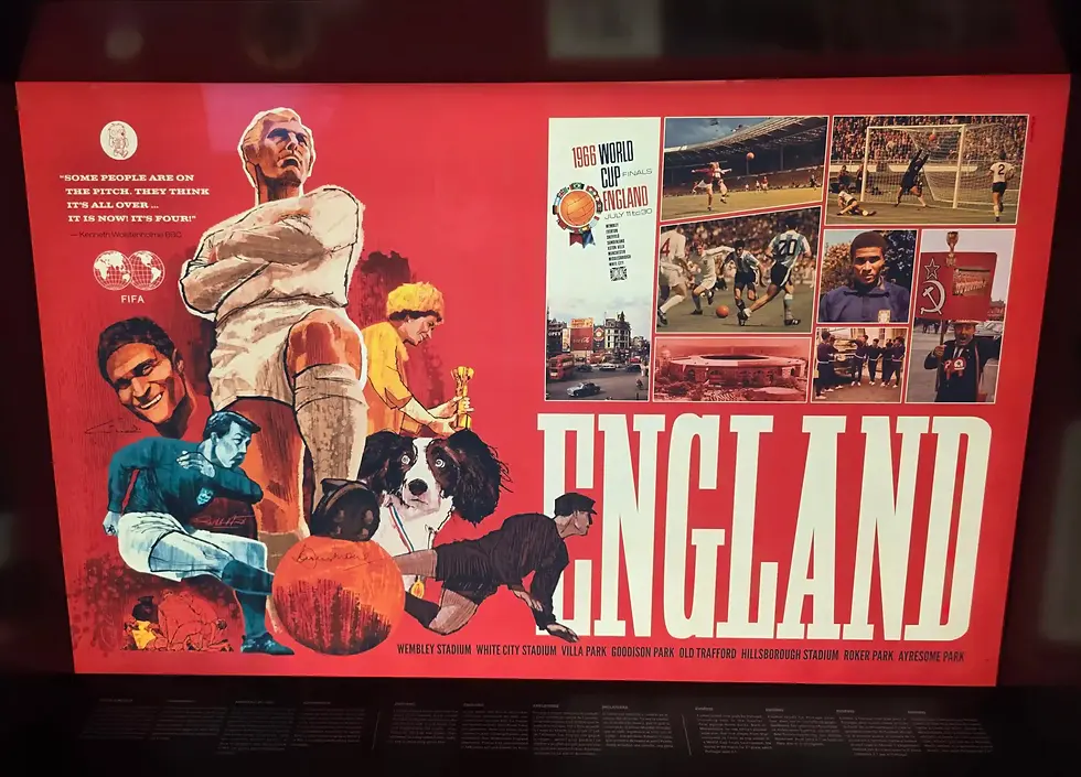 Red 1966 World Cup England poster with soccer players, match photos, and large ENGLAND text; celebratory vintage sports collage at the FIFA Museum.