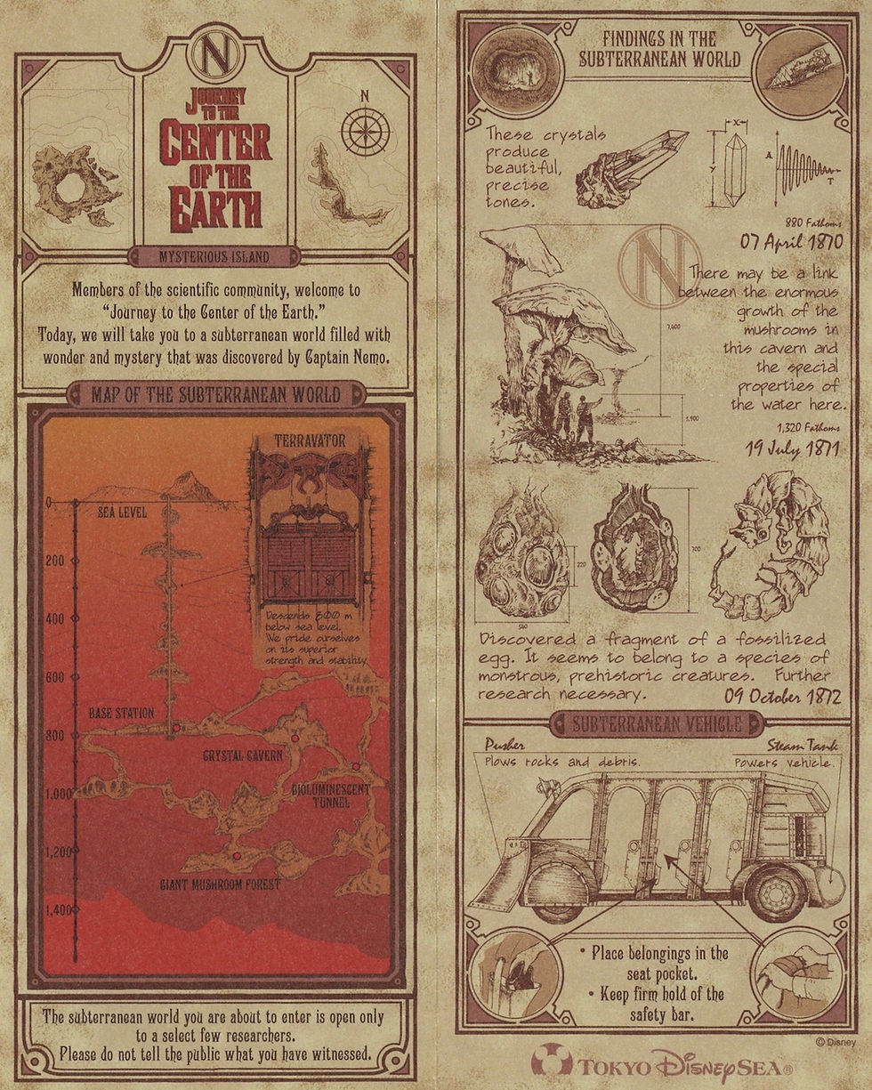 Vintage-style map for "Journey to the Center of the Earth" ride at Tokyo DisneySea. Features text, diagrams of crystals, mushrooms, and a subterranean vehicle. Brown tones.
