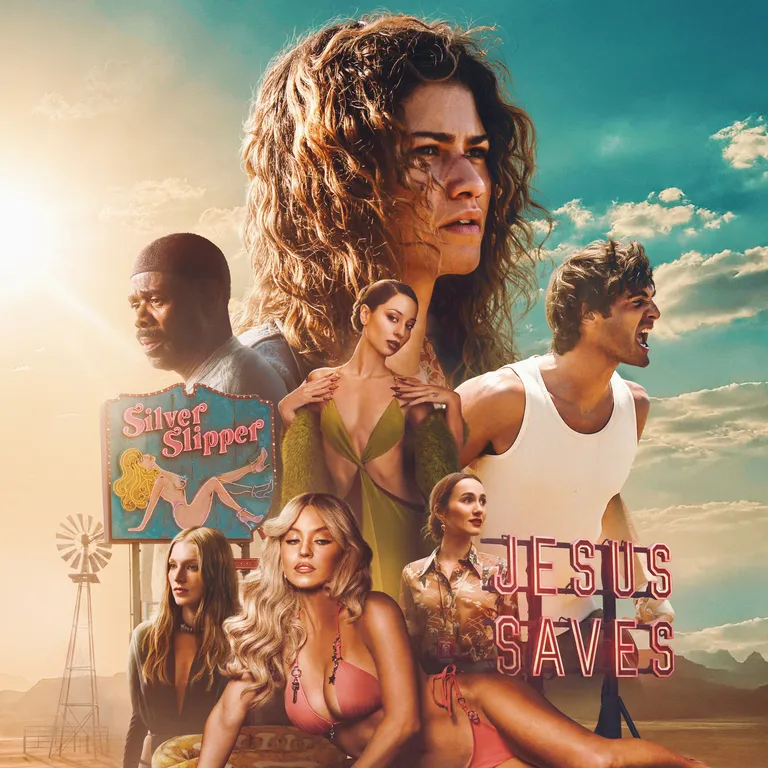 Movie poster with six people under a blue sky, including a yelling man and women posing, plus signs Silver Slipper and Jesus Saves.