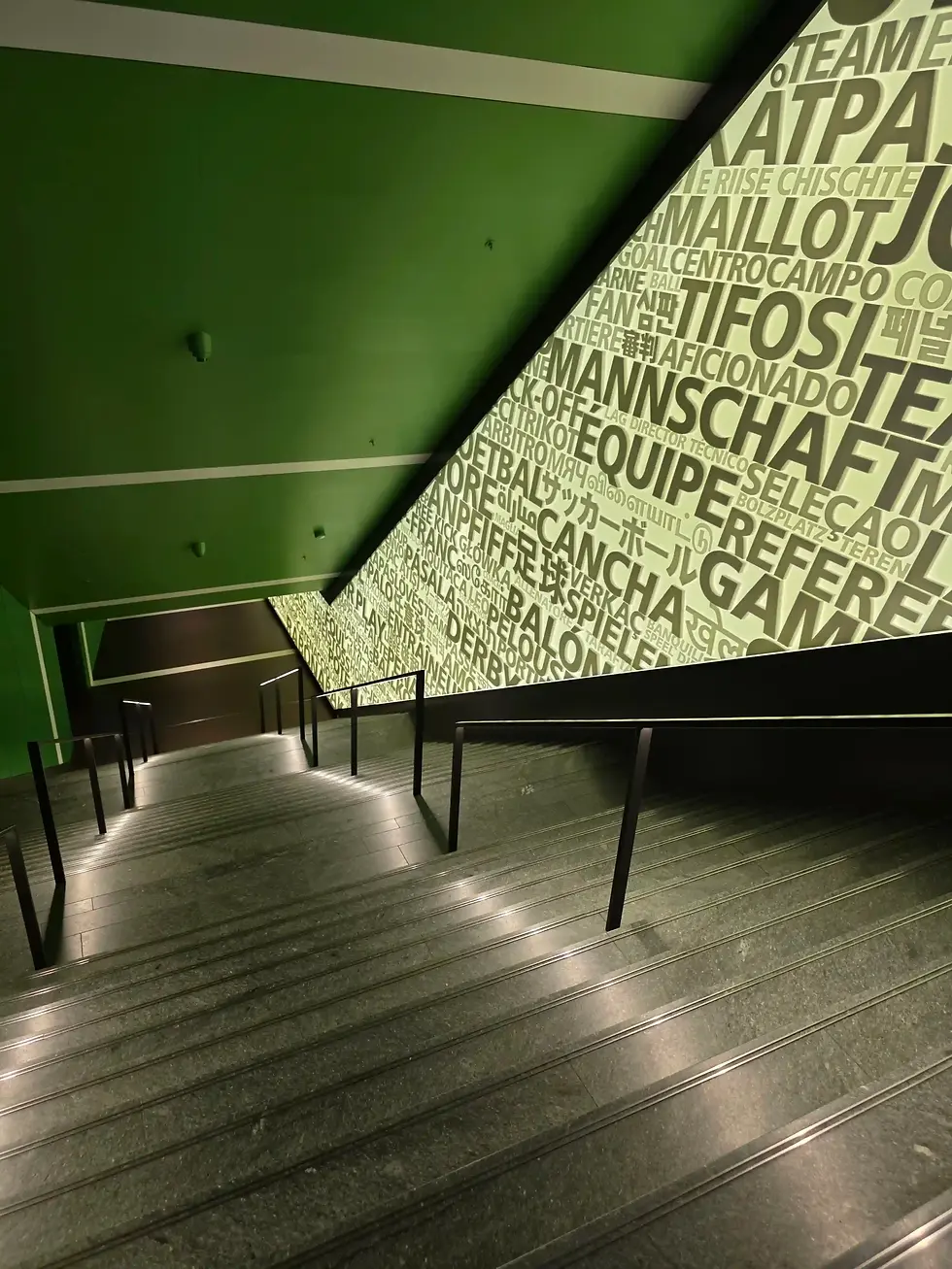 Empty green stairwell at FIFA Museum in Zurich with black rails beside a mural of soccer terms in many languages.