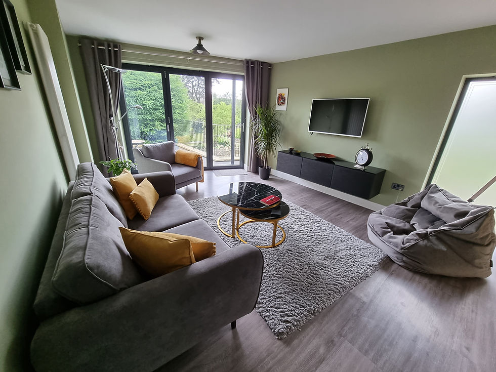 Modern living room of the Airbnb The Cobblers, with gray sofa, yellow pillows, armchair, and bean bag. TV on green wall, large window view, bright, cozy ambiance.