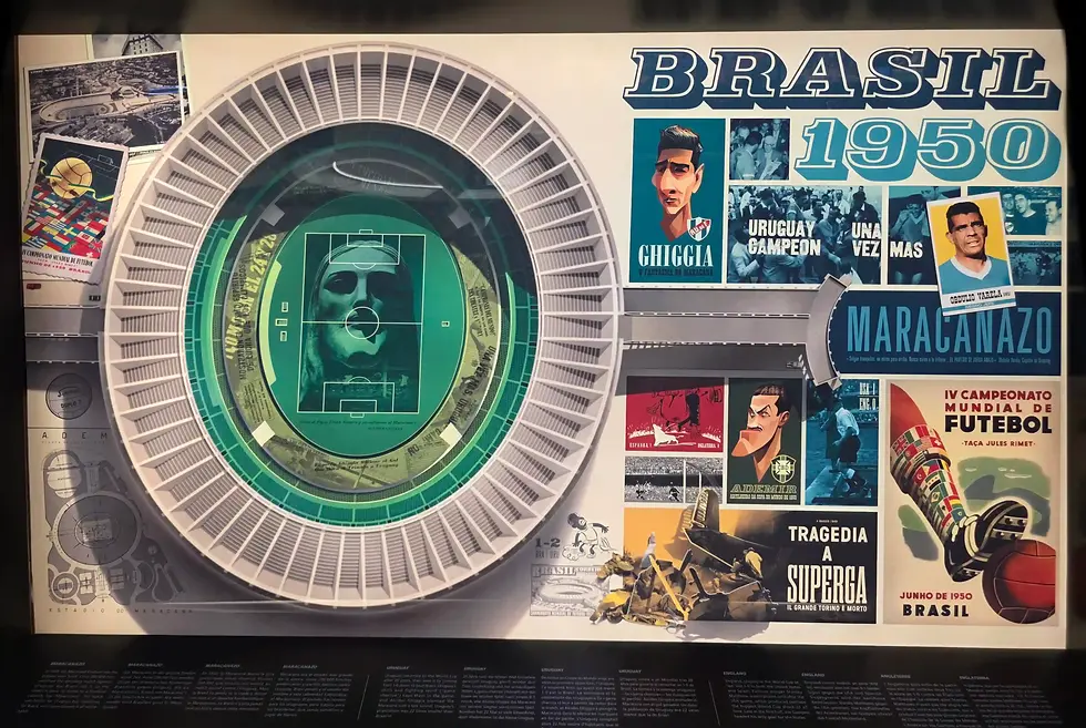 Vintage Brazil 1950 soccer poster collage with Maracanazo, players, stadium diagram, and World Cup imagery in blue, green, and red in a display at FIFA Museum.