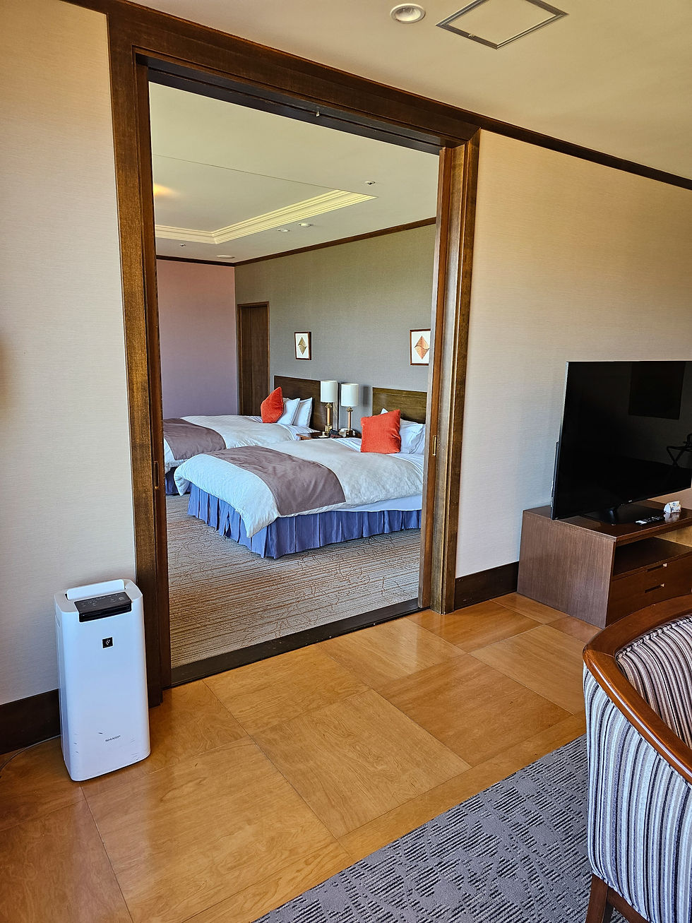 Modern hotel room with sliding door to twin beds, orange pillows, TV, and air purifier; calm, tidy interior.