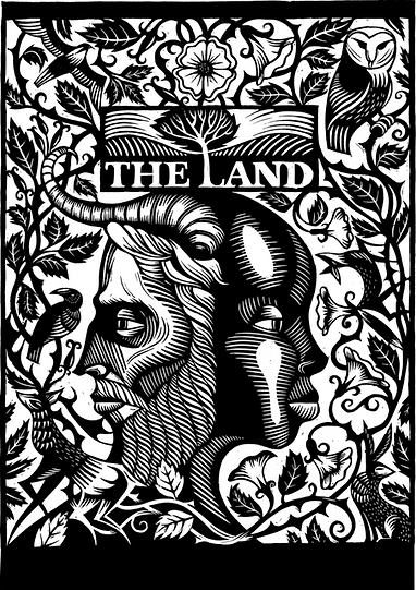 Lino cut ‘The Land’ at the top with two faces looking out from each other surrounded by leaves and vines