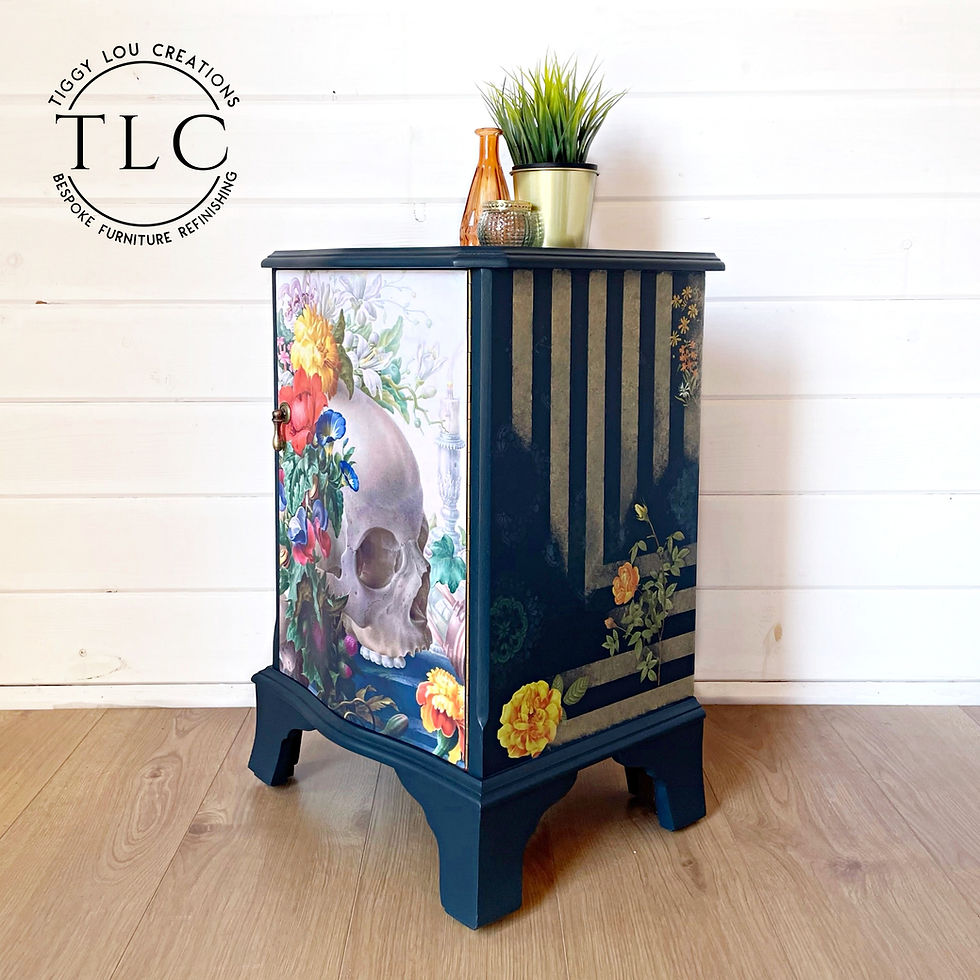 Thumbnail: Skull and Flowers Decoupaged Bow Fronted Cabinet