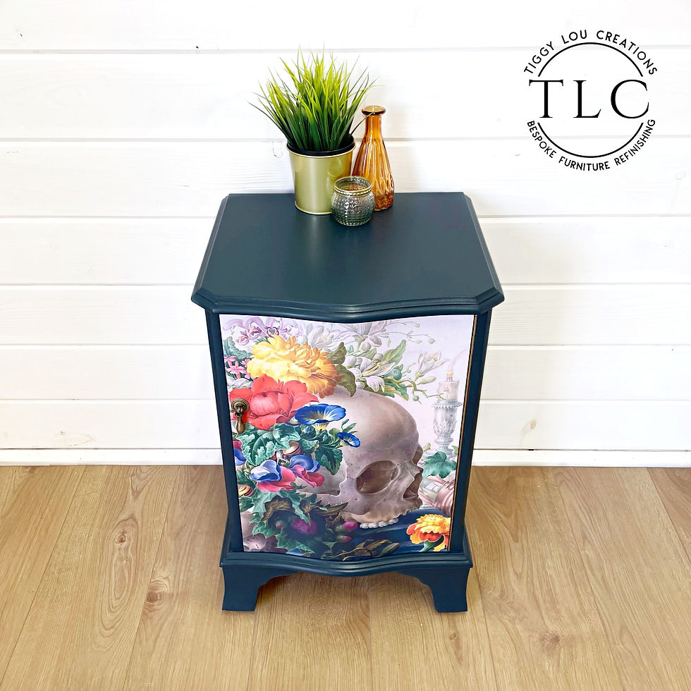Thumbnail: Skull and Flowers Decoupaged Bow Fronted Cabinet