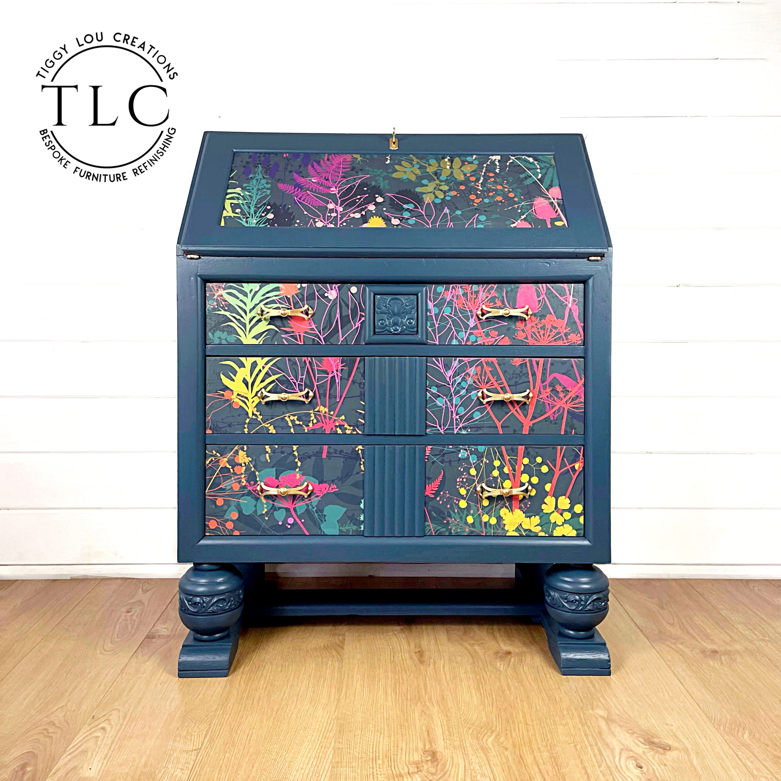 Vintage Oak Bureau - painted and decoupaged