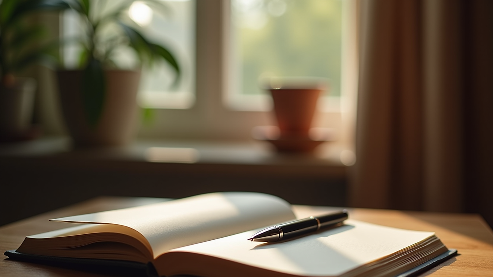 Eye-level view of a cozy writing nook with a journal and pen