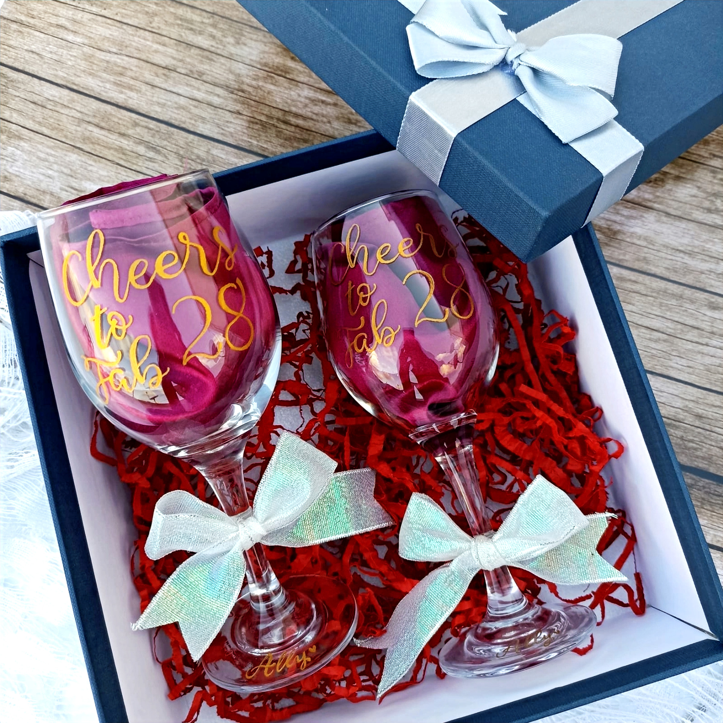 Personalised engraved wine glasses gift set packed in a luxury box for wedding and anniversary gifting