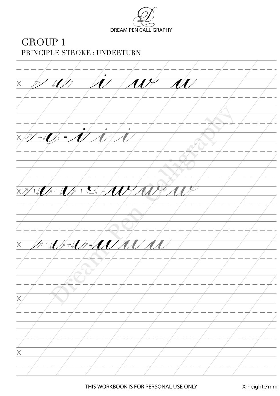 Thumbnail: Copperplate calligraphy lowercase letter formation practice sheet