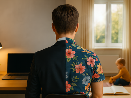 Homme vu de dos, assis au centre d’un espace partagé en deux moitiés : à gauche, un bureau professionnel avec ordinateur portable, lampe et ambiance sobre ; à droite, un espace de vie familiale lumineux, avec un enfant jouant au sol et une chemise à fleurs côté père. L’image illustre visuellement la coexistence entre sphères professionnelle et personnelle.