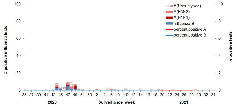 Number of positive influenza tests and percentage of tests positive, 2020-w35 – 2021-w29 (Government of Canada, www.canada.ca/en/public-health/services/publications/diseases-conditions/fluwatch/2020-2021/weeks-25-29-june-20-july-24-2021.html)