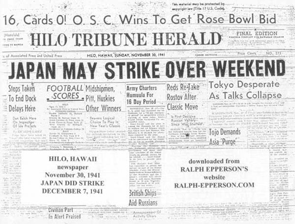 “Japan May Strike Over Weekend” 30 November 1941 (Hilo Tribune Herald)