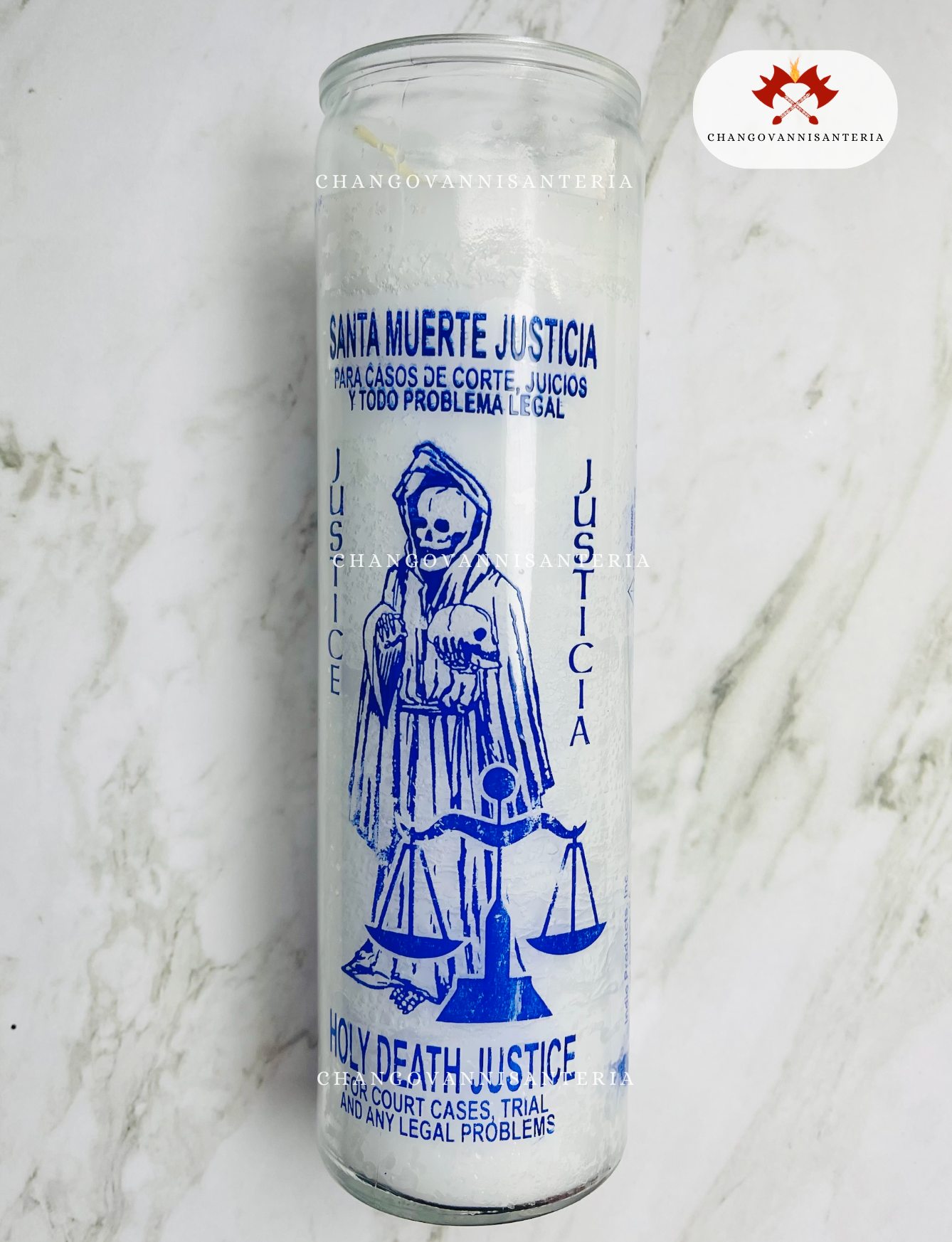 Holy Death Justice Glass Candle/Vela Vidrio Santa Muerte Justicia