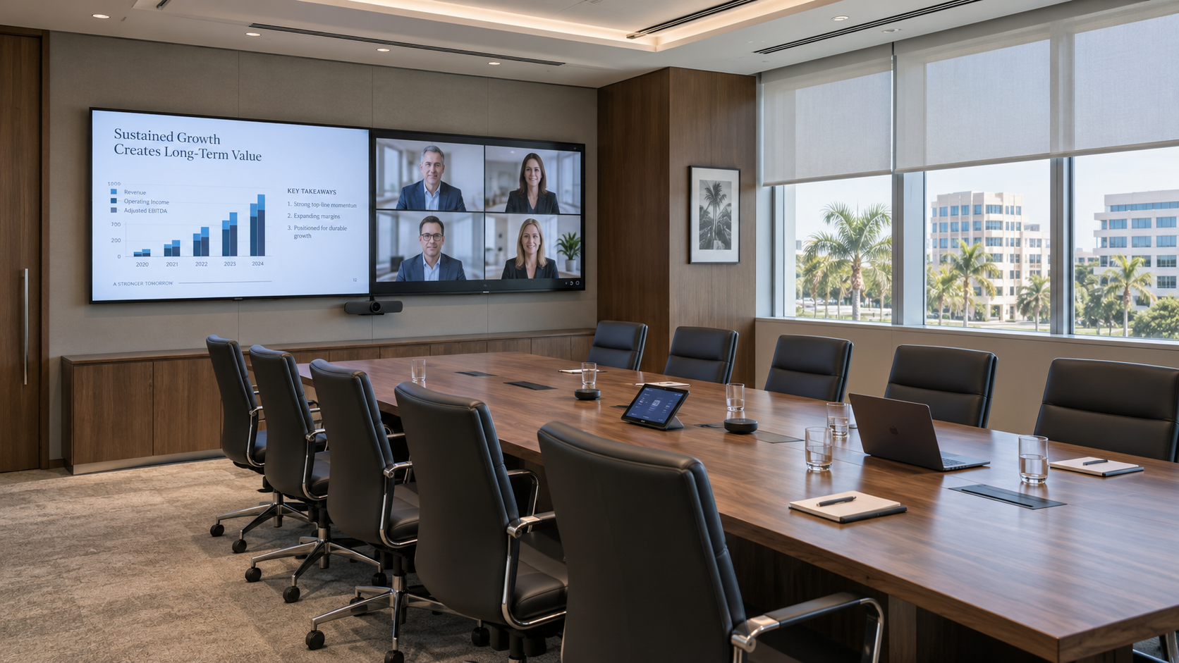 Executive boardroom with dual displays