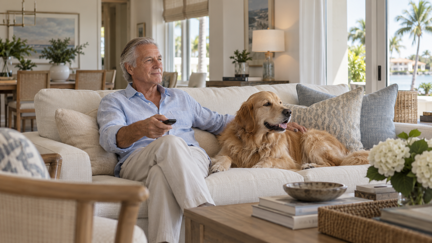Homeowner relaxing with his dog while using a simple remote