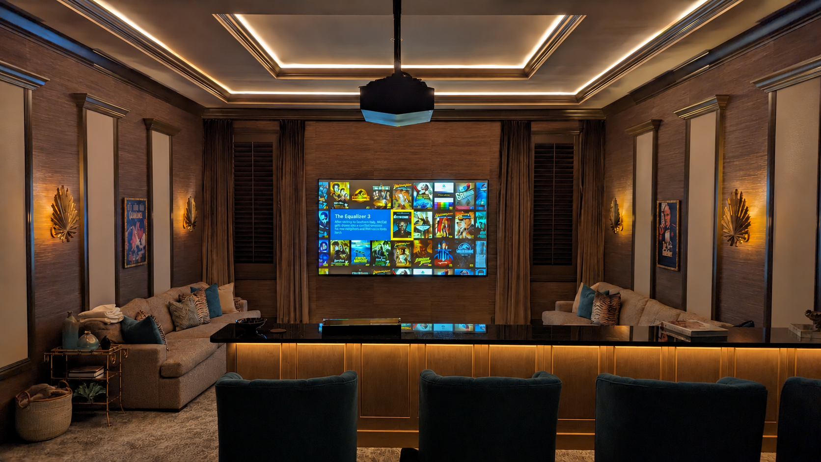 ETS media room with projector, lounge seating and illuminated bar