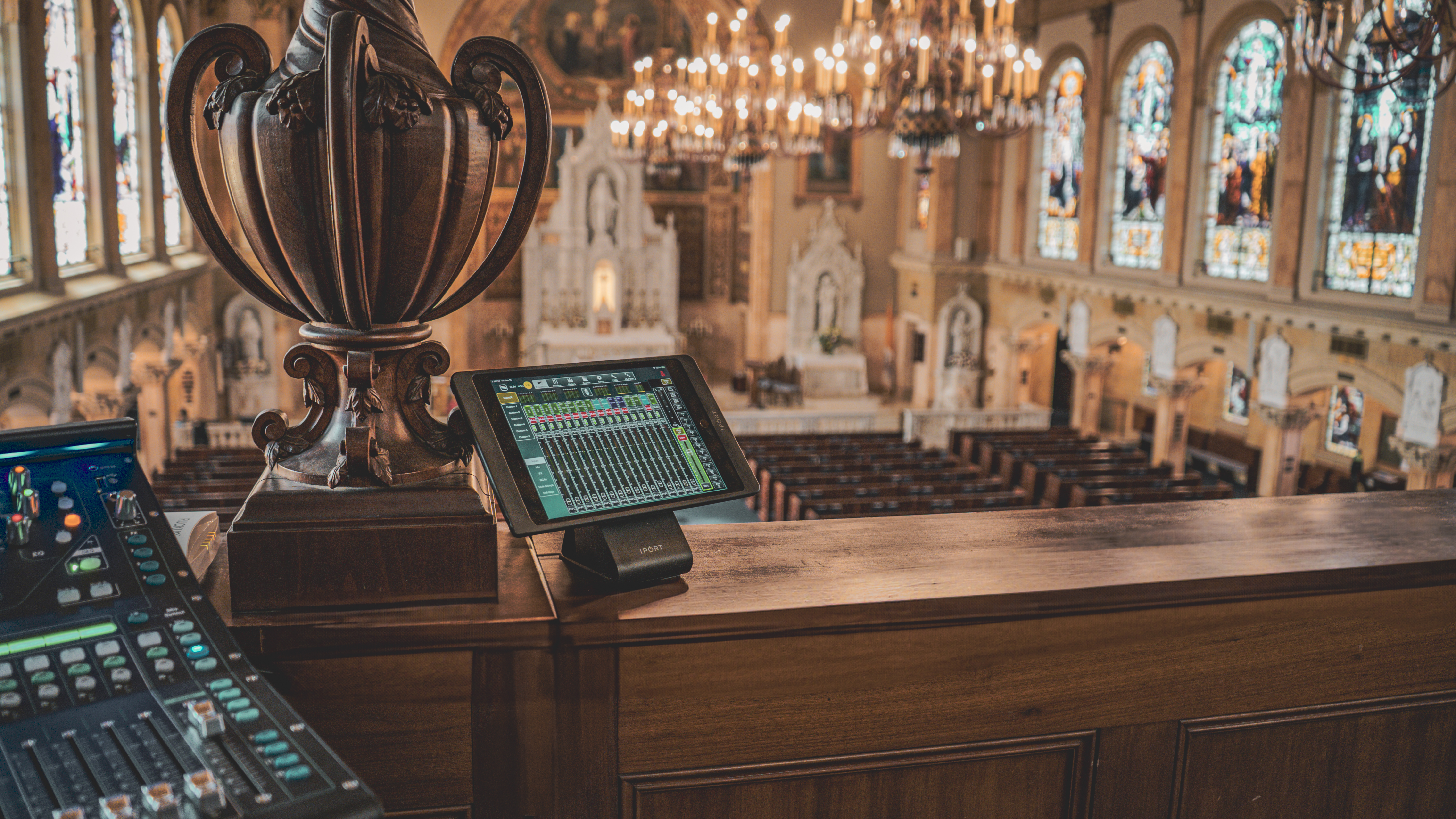 Audio controls overlooking the sanctuary in an ETS installation