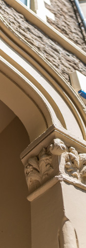 Architectural detail at the entrance of The Pontcanna Pearl, Cardiff, adding prestige character.
