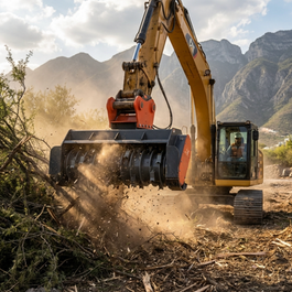 mulcher para excavadora triturando vegetacion en Monterrey limpieza de terreno