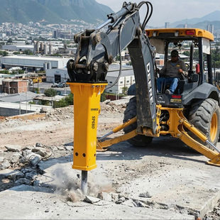 Martillo hidráulico para retroexcavadora trabajando en obra urbana en México