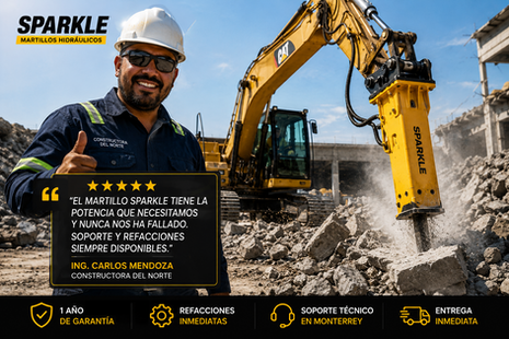 Cliente satisfecho operando martillo hidráulico SPARKLE para retroexcavadora CAT en demolición de concreto en Monterrey Nuevo León