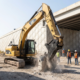 Trituradora de concreto para excavadora CAT realizando trabajos de demolición
