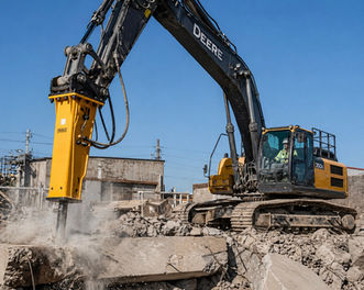 Excavadora con martillo hidráulico rompiendo concreto.