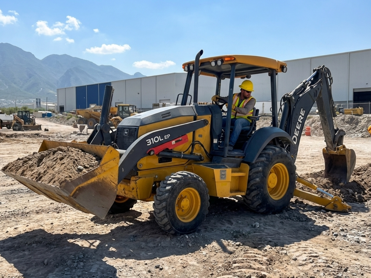 Retroexcavadora trabajando en obra de construcción en Monterrey Nuevo León