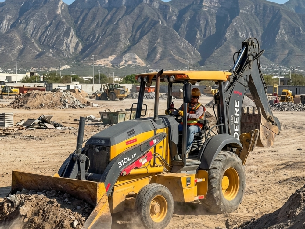 Retroexcavadora John Deere 310L EP de MCM trabajando en obra en Monterrey