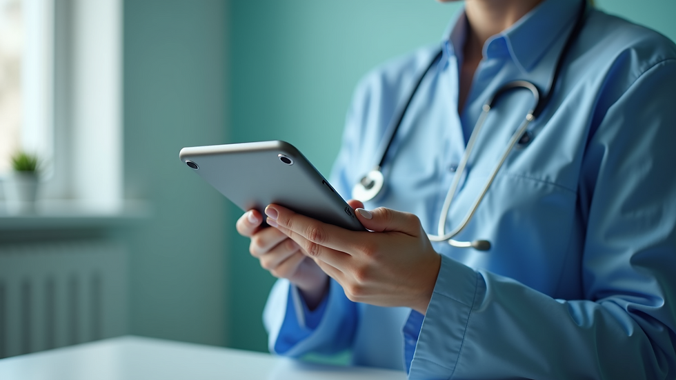Close-up view of a healthcare worker using a tablet for patient data entry