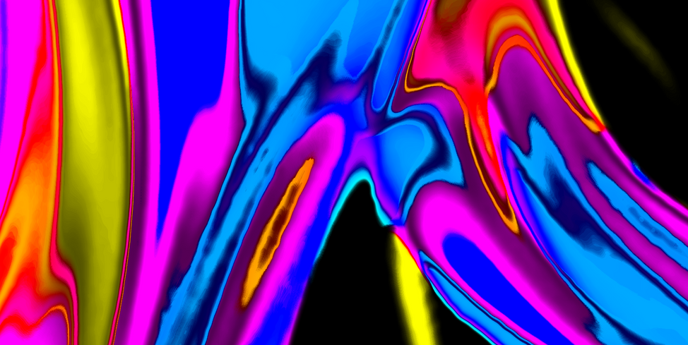 Obra de arte digital abstracta con formas fluidas e hiper-saturadas de alto contraste en tonos azul eléctrico, magenta, amarillo y cian sobre fondo negro. Imagen que ilustra la textura y el comportamiento cromático de la máquina en el Ensayo Digital de Axel Doyel Studio.