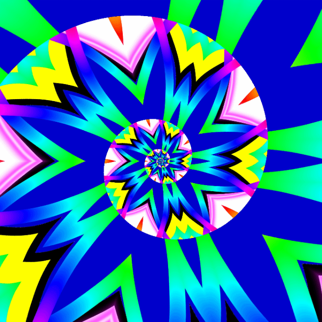Activo digital animado (GIF) de la coleccion NFT 'Polymita picta' de Axel Doyel Studio. Esta pieza de arte ambiental organiza chevrones y picos estelares en azul cobalto, cian, amarillo solar y magenta sobre una espiral logaritmica. Utiliza la vulnerabilidad del caracol terrestre cubano como metafora sobre la fragilidad de la biodiversidad global frente a especies de mayor escala como elefantes o ballenas. Funciona como un token inmutable en la Web3 diseñado para concienciar sobre la proteccion de ecosistemas, frenar la deforestacion y denunciar el trafico ilegal de conchas.