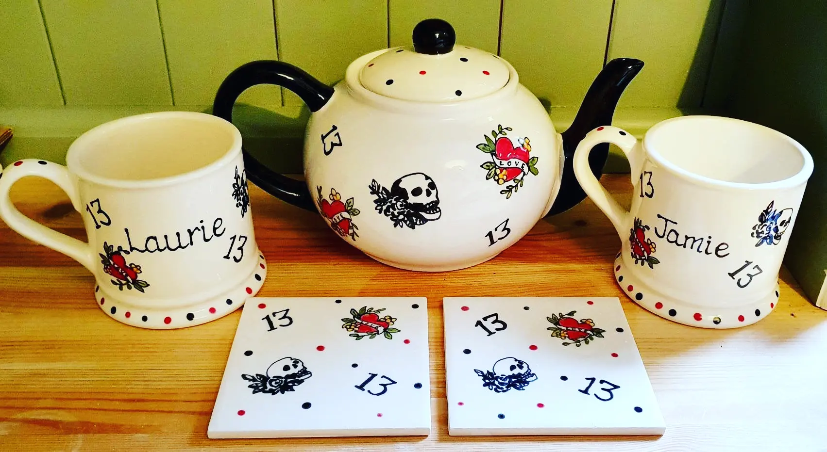 Skull, hearts  a number 13 tea set