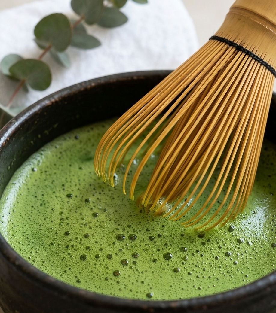 Uso de Chasen para preparar la mezcla de matcha en un masaje corporal
