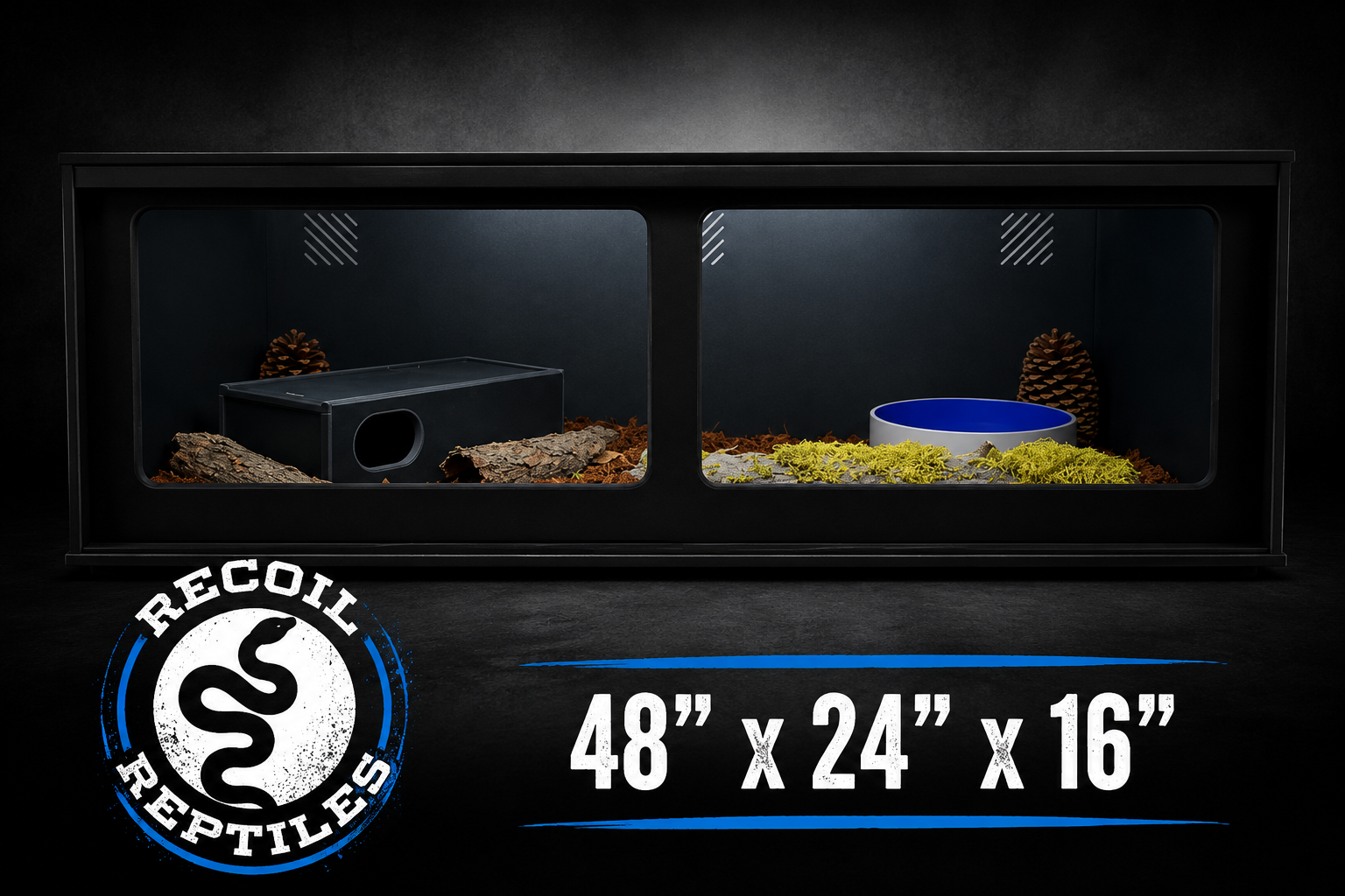 Front view of Recoil Reptiles 48x24x16 PVC reptile enclosure with sliding glass doors and natural habitat setup