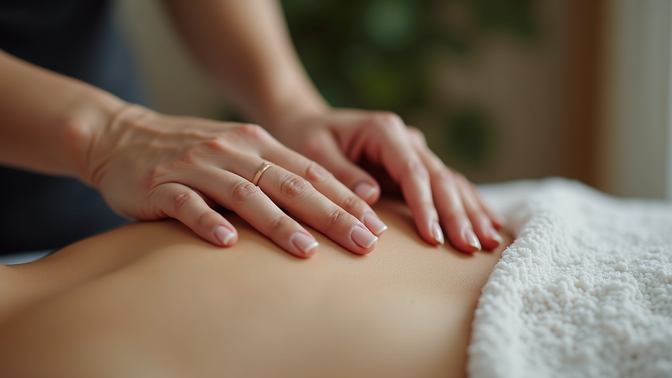 Close-up view of Reiki practitioner’s hands hovering over a client’s back