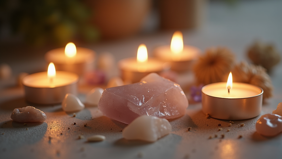 Close-up view of Reiki crystals and candles arranged for a healing session