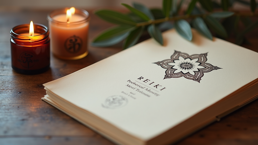 Close-up view of a Reiki manual and training materials on a table