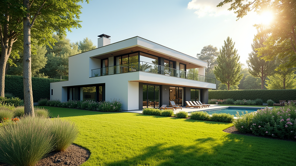 Eye-level view of a modern home with a beautiful garden