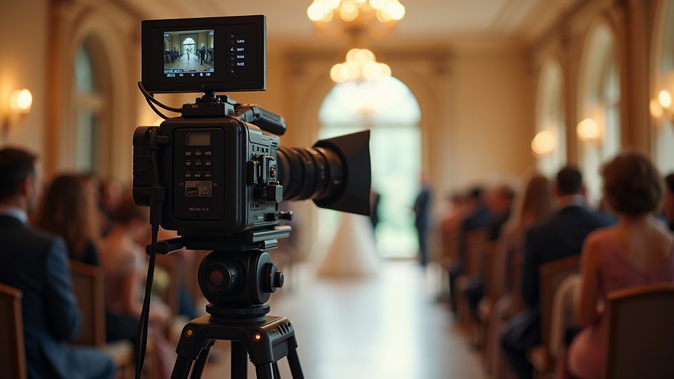 Eye-level view of a vintage video camera on a tripod at a wedding venue