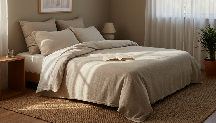 Wide-angle view of a neatly made bed with sunlight crossing soft blankets in a peaceful bedroom
