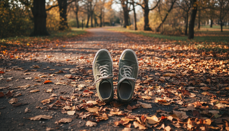 Overhead view of walking shoes paused on a quiet path surrounded by fallen leaves