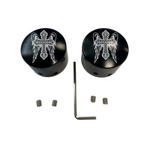 Angel Wings Cross Front Axle Cap Nut Covers. Black in Color. Fits