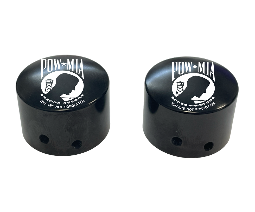 Thumbnail: POW / MIA Front Axle Cap Nut Covers. Black in Color. Fits Harley