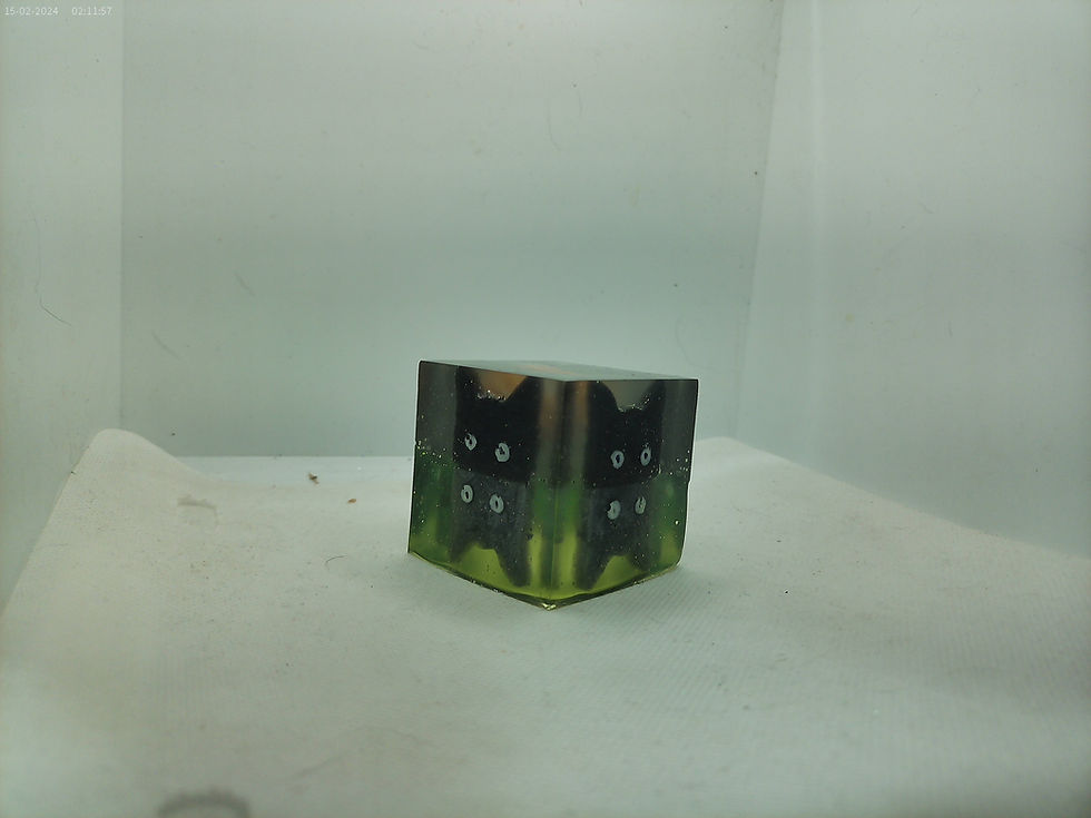 Unique cube shaped cat collectible made from resin.