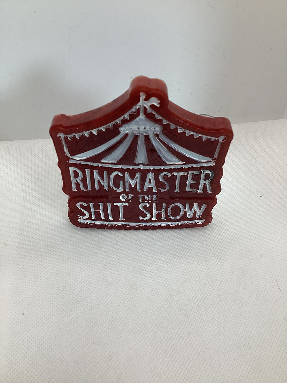 Funny Ringmaster Shit Show magnet made from resin displayed on metal.