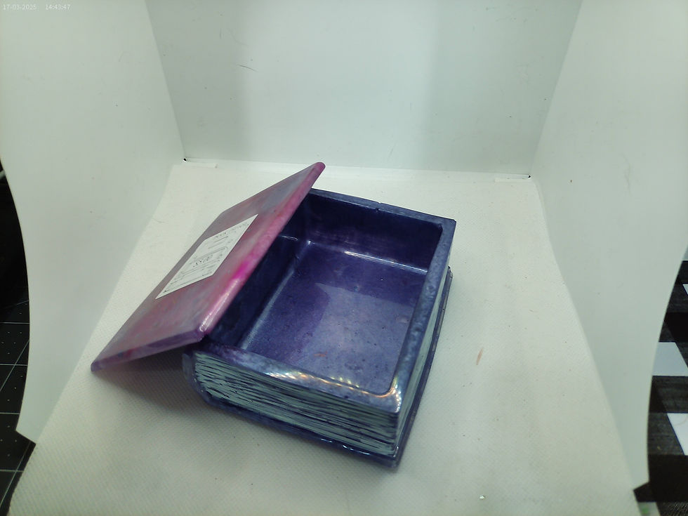 Top view of a resin book box with intricate detailing on the spine and cover.