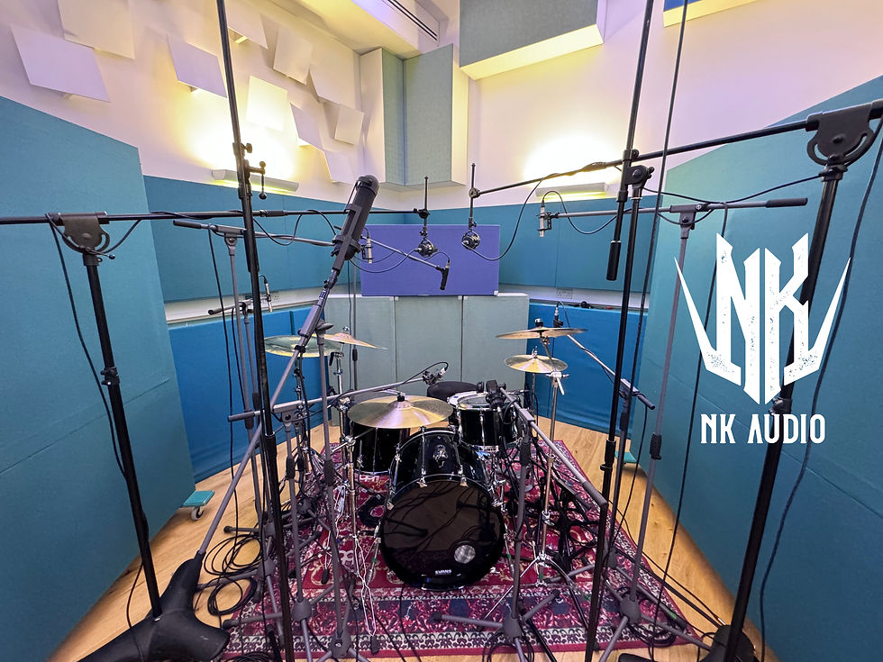 A professional heavy music drum recording setup with great microphones.